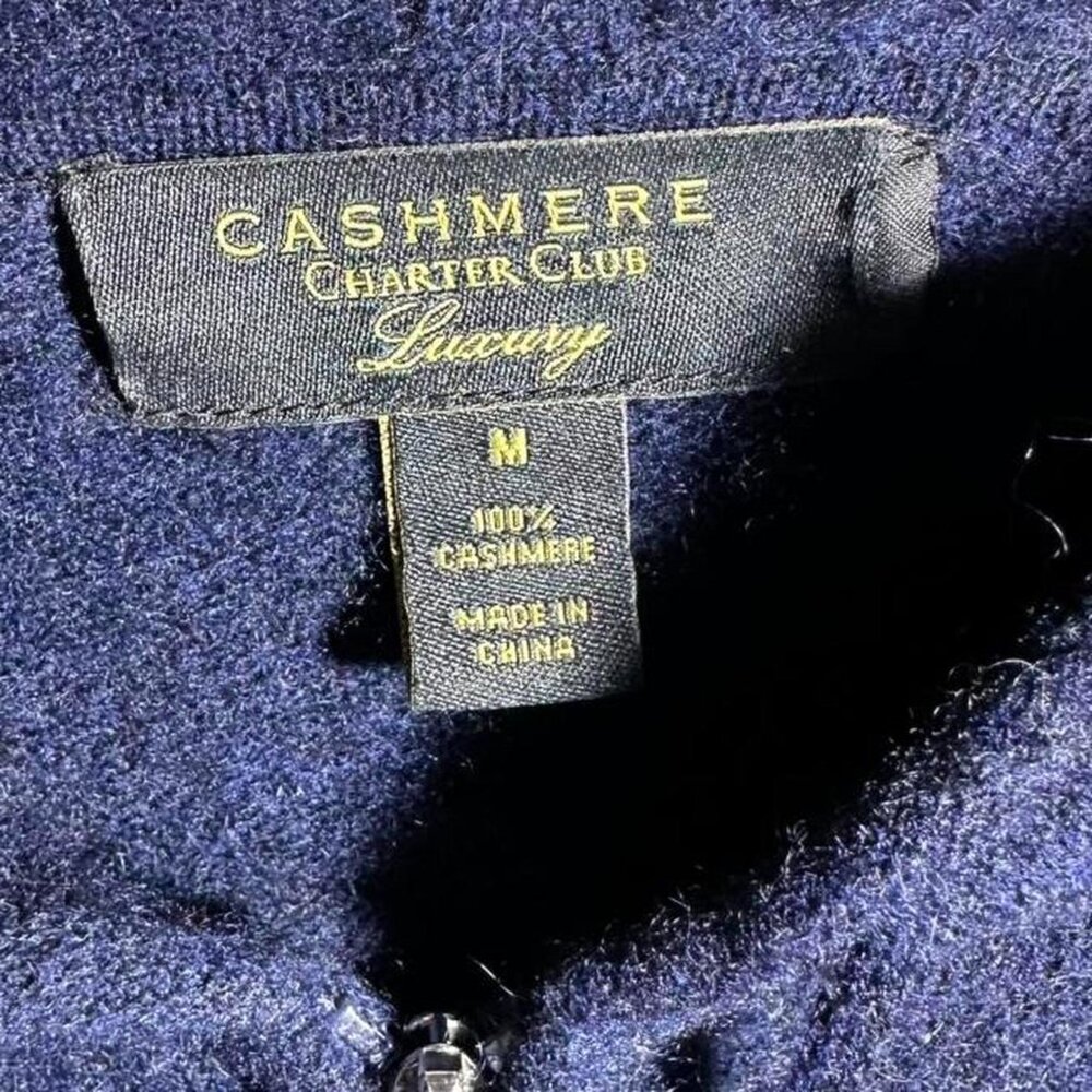 Charter Club Pure 100% Cashmere Navy Full Zip Hooded Sweater Jacket Cardigan Med - Picture 4 of 7